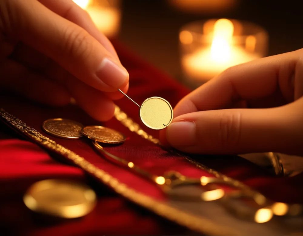 Close-up of gold coins being pinned to a red ribbon during the takı töreni